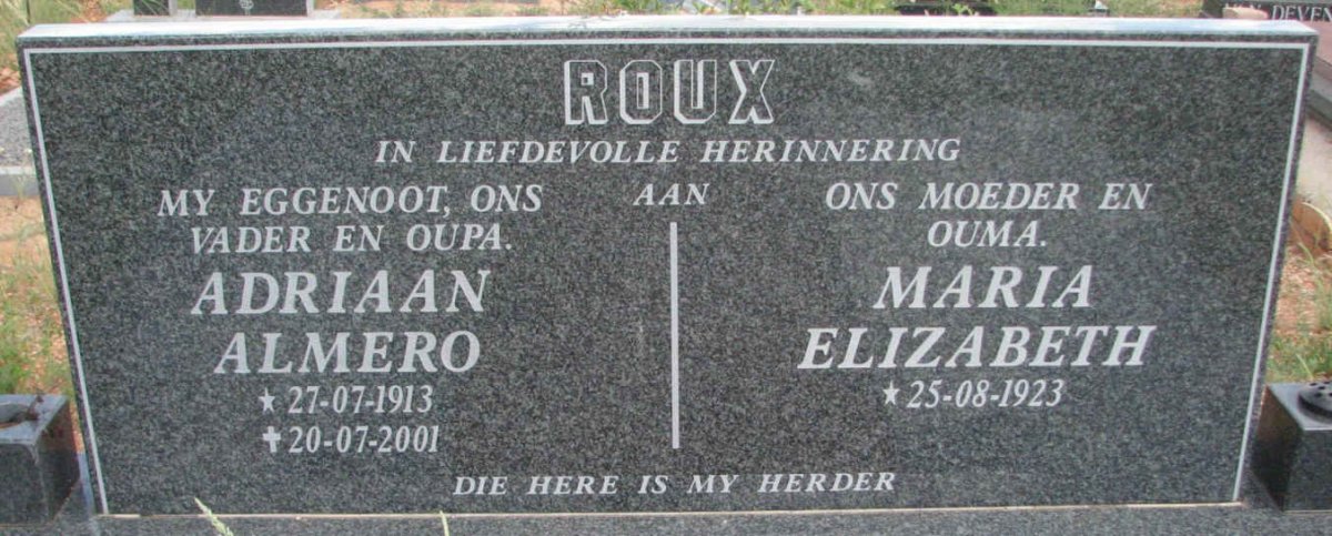 ROUX Adriaan Almero 1913-2001 &amp; Maria Elizabeth 1923-