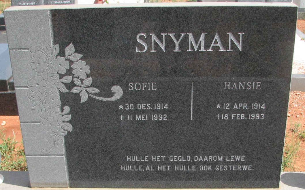 SNYMAN Hansie 1914-1993 &amp; Sofie 1914-1992