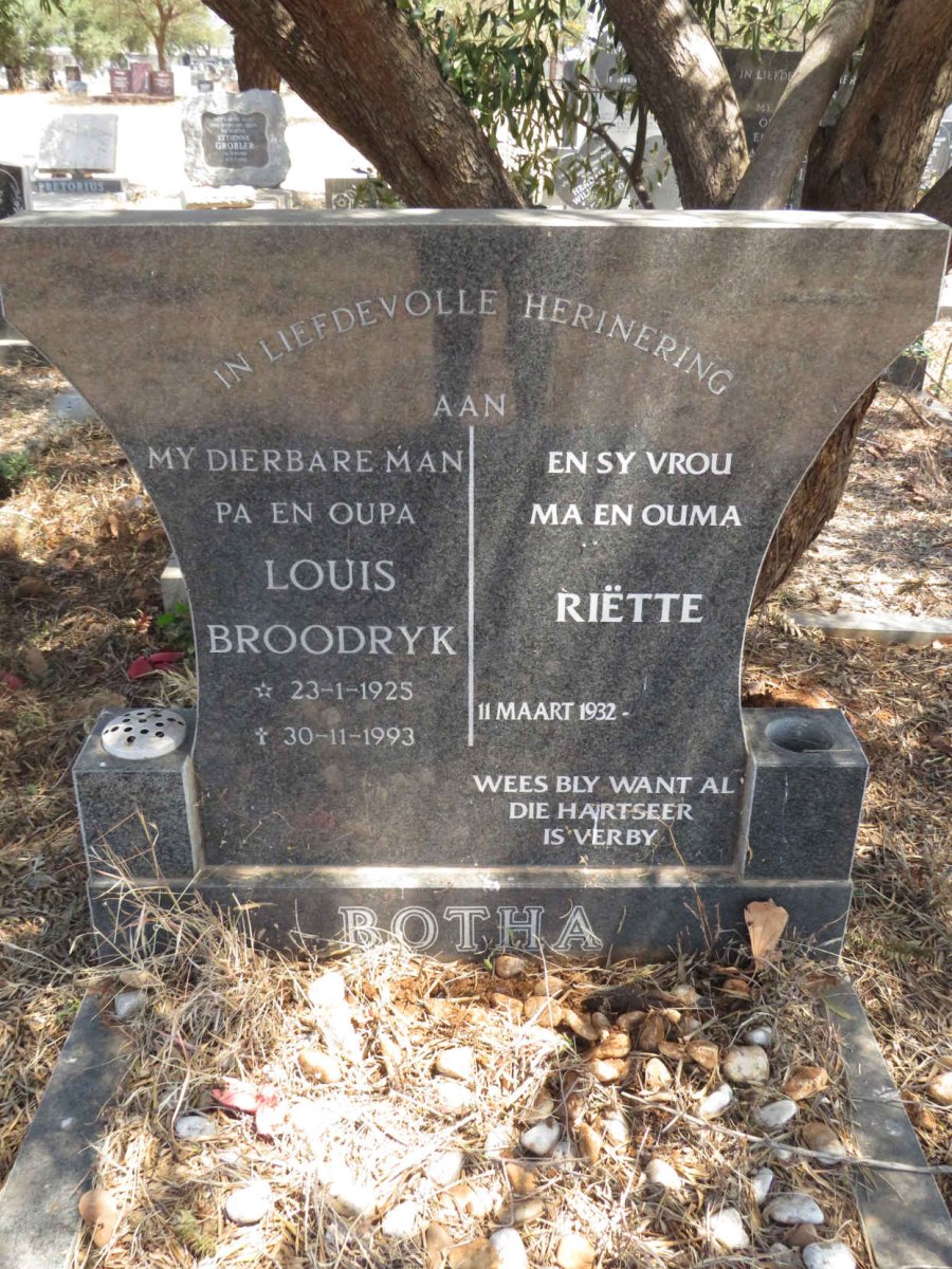 BOTHA Louis Broodryk 1925-1993 & Riette 1932-