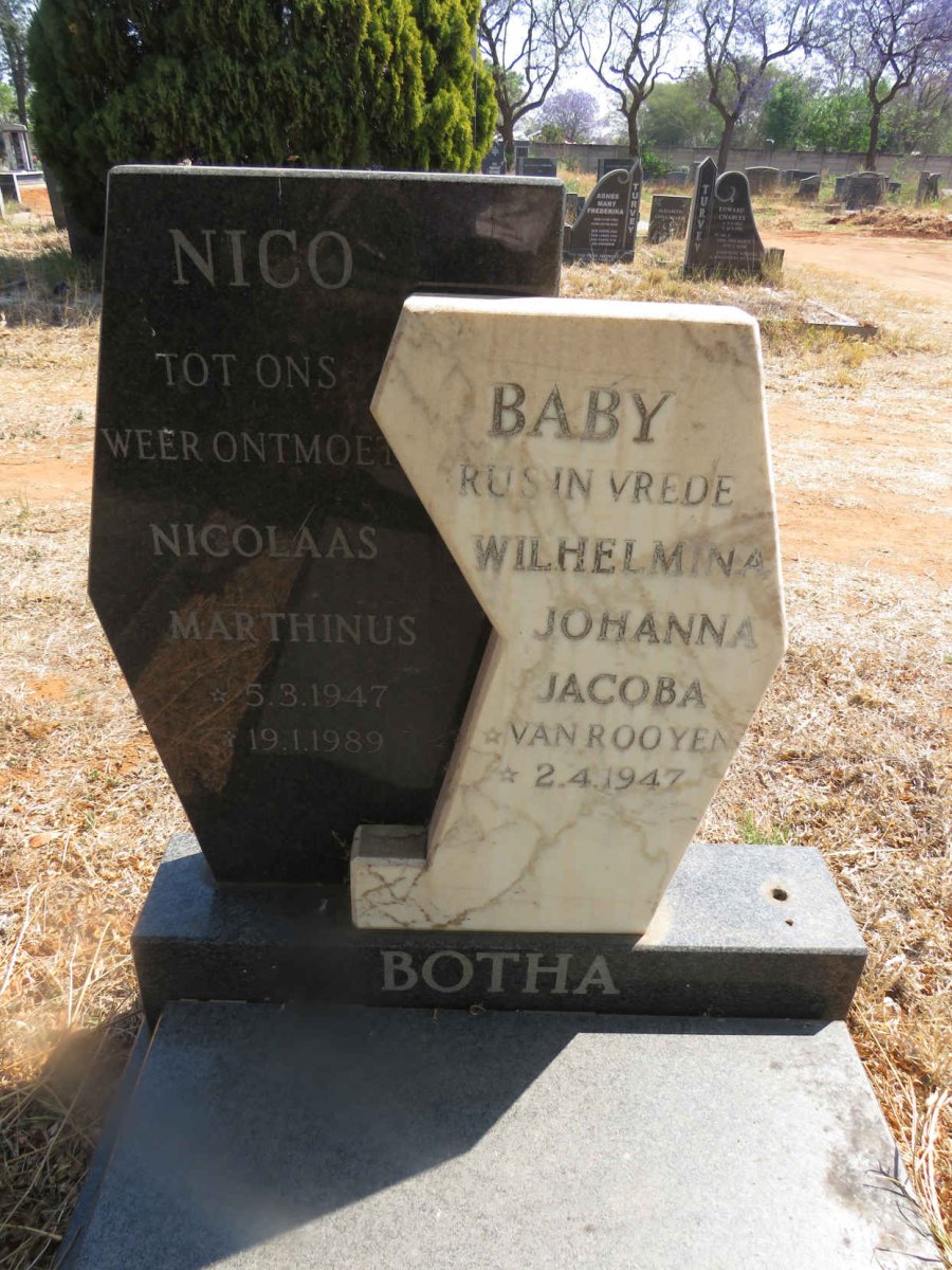 BOTHA Nicolaas Marthinus 1947-1989 & Wilhelmina Johanna Jacoba VAN ROOYEN 1947-