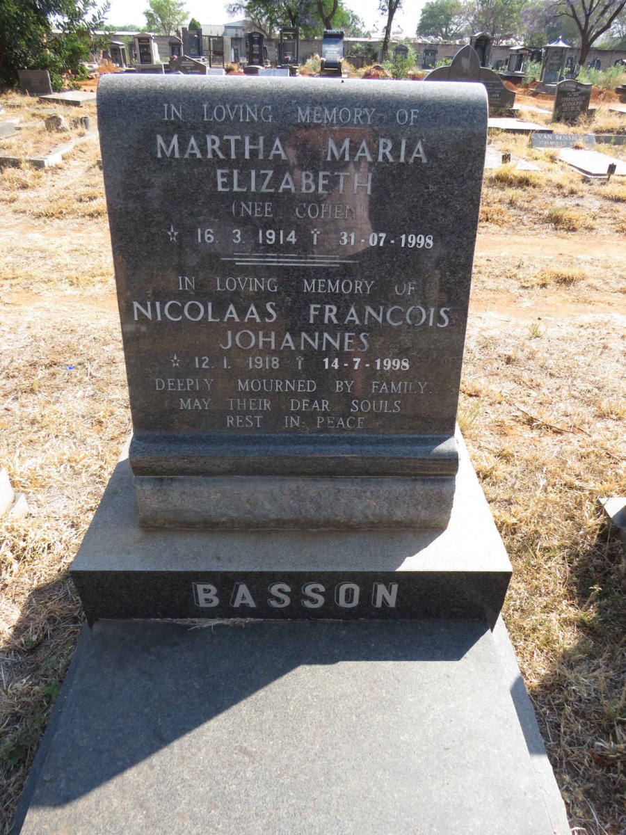 BASSON Nicolaas Francois Johannes 1918-1998 & Martha Maria Elizabeth COHEN 1914-1998