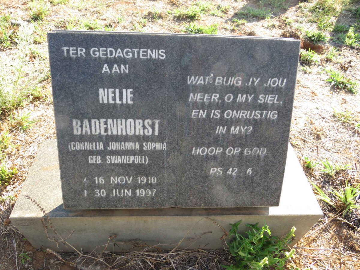 BADENHORST Cornelia Johanna Sophia nee SWANEPOEL 1910-1997
