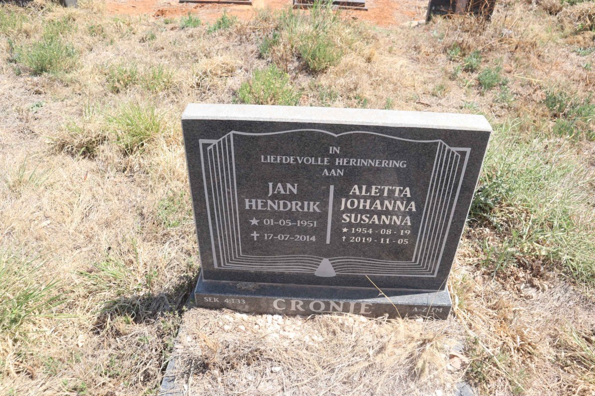CRONJE Jan Hendrik 1951-2014 & Aletta Johanna Susanna 1954-2019