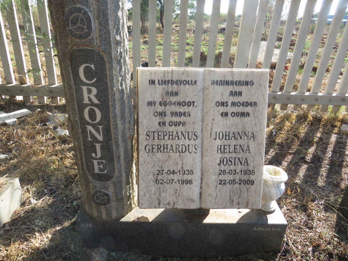 CRONJE Stephanus Gerhardus 1936-1996 & Johanna Helena Josina 1938-2009