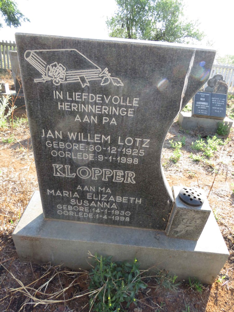 KLOPPER Jan Willem Lotz 1925-1998 & Maria Elizabeth Susanna 1930-1998