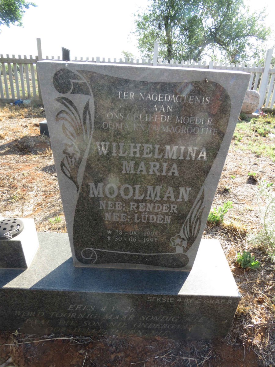 MOOLMAN Wilhelmina Maria formerly RENDER nee LUDEN 1905-1997