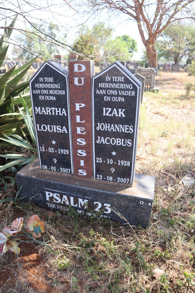 PLESSIS Izak Johannes Jacobus, du 1938-2007 & Martha Louisa 1929-2007
