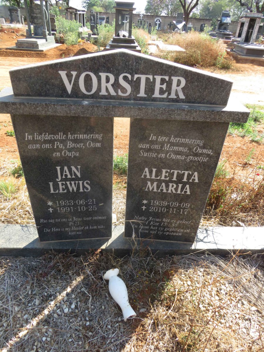 VORSTER Jan Lewis 1933-1991 & Aletta Maria 1939-2010