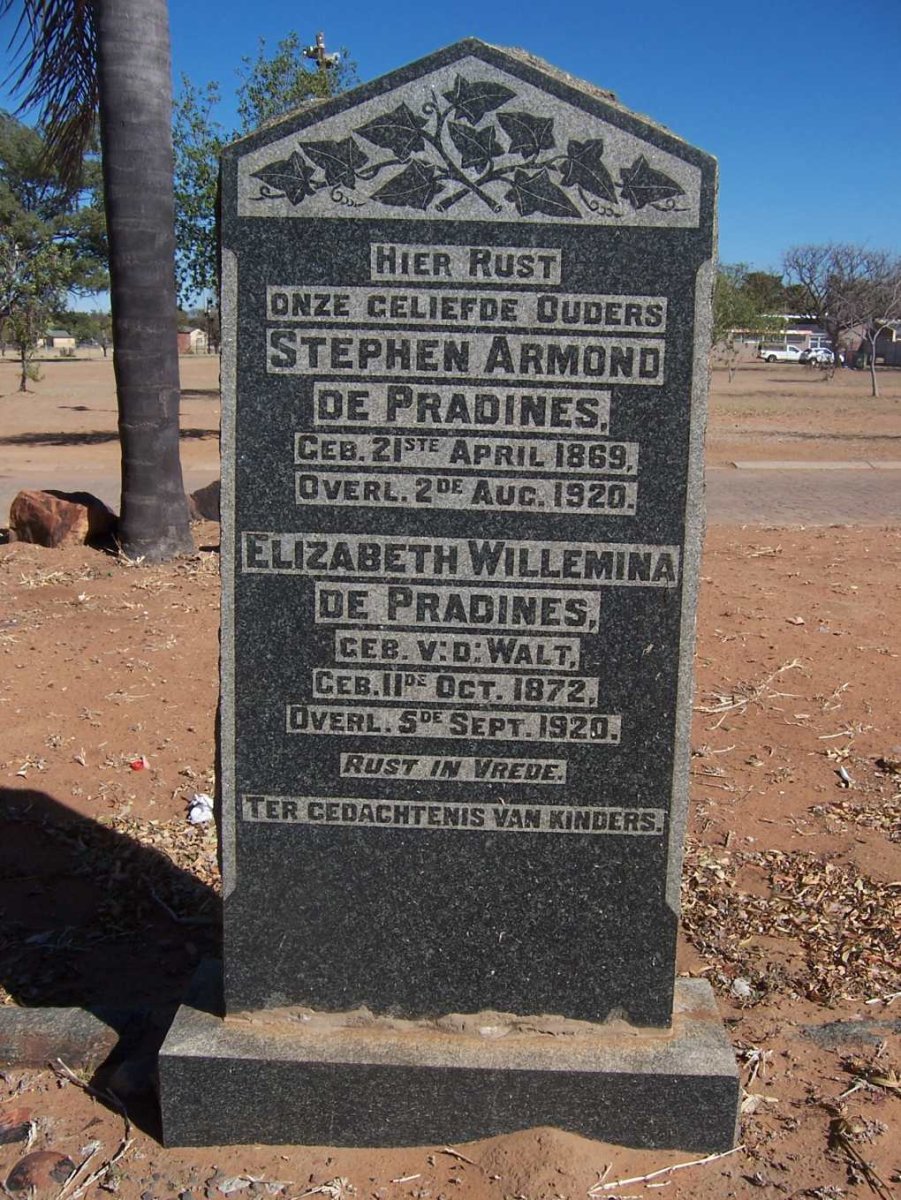 PRADINES Stephen Armond, de 1869-1920 &amp; Elizabeth Willemina V.D. WALT 1872-1920