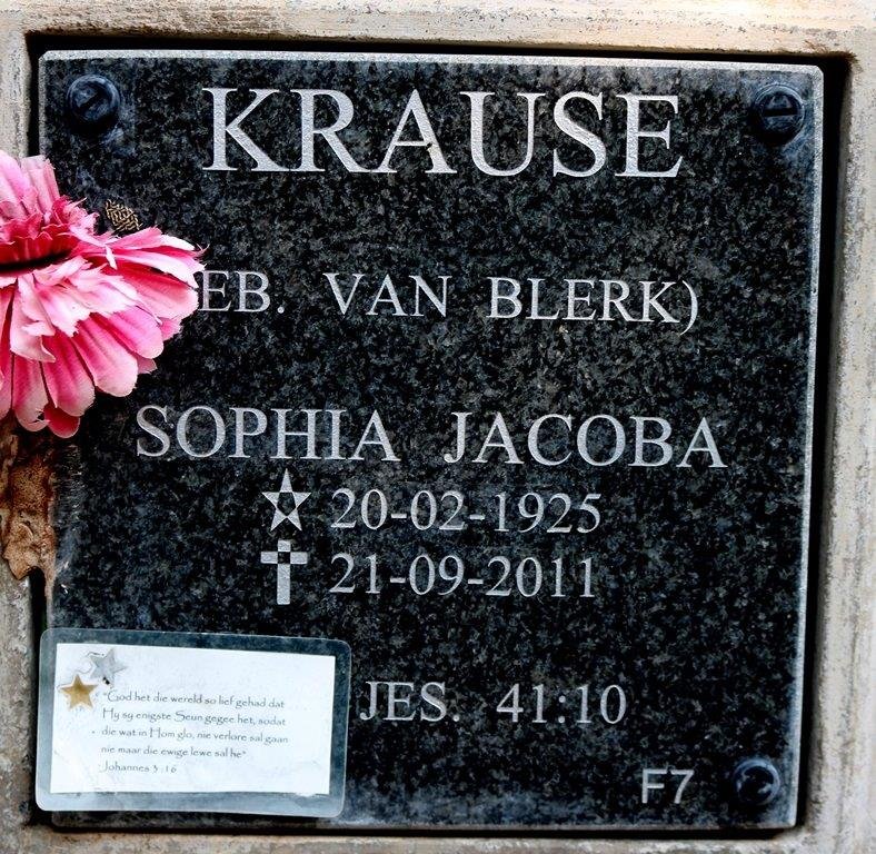 KRAUSE Sophia Jacoba nee VAN BLERK 1925-2011