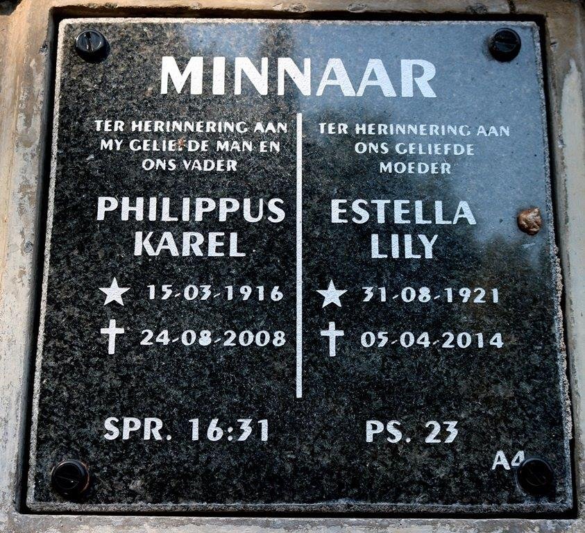 MINNAAR Philippus Karel 1916-2008 &amp; Estella Lily 1921-2014