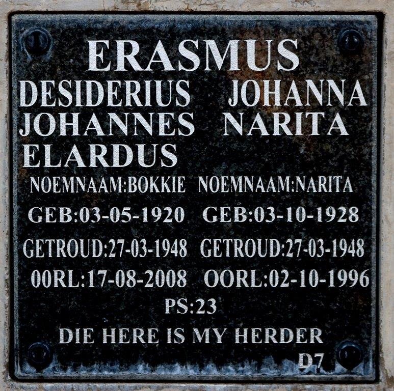 ERASMUS Desiderius Johannes Elardus 1920-2008 &amp; Johanna Narita 1928-1996