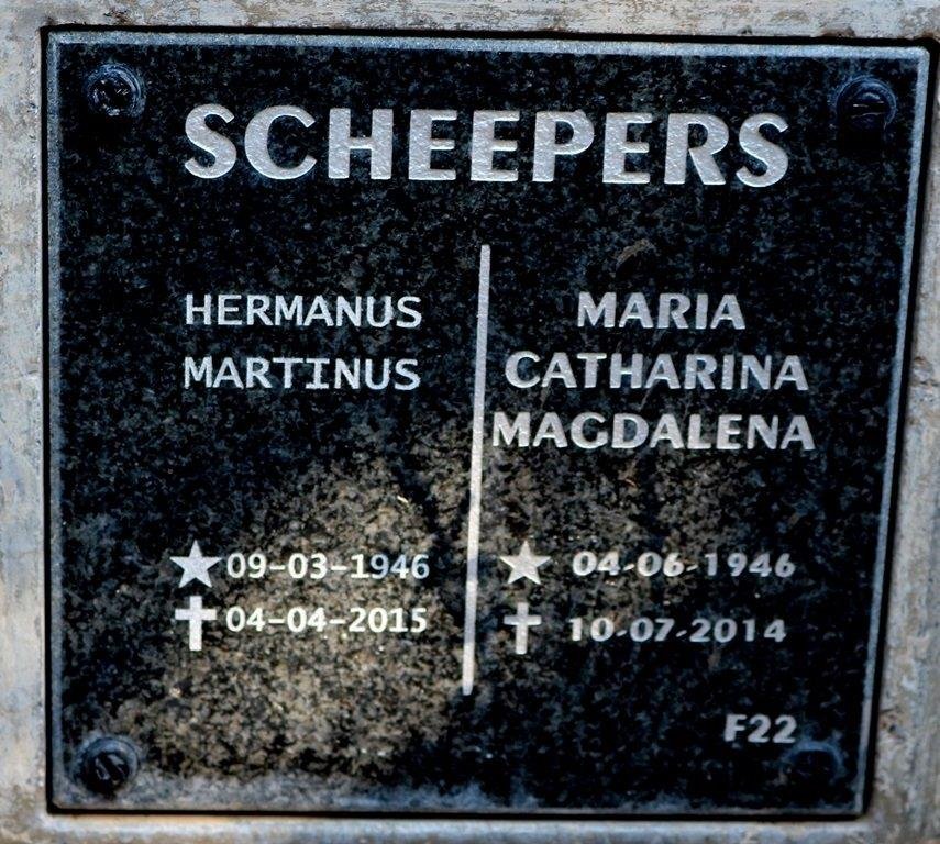 SCHEEPERS Hermanus Martinus 1946-2015 &amp; Maria Catharina Magdalena 1946-2014