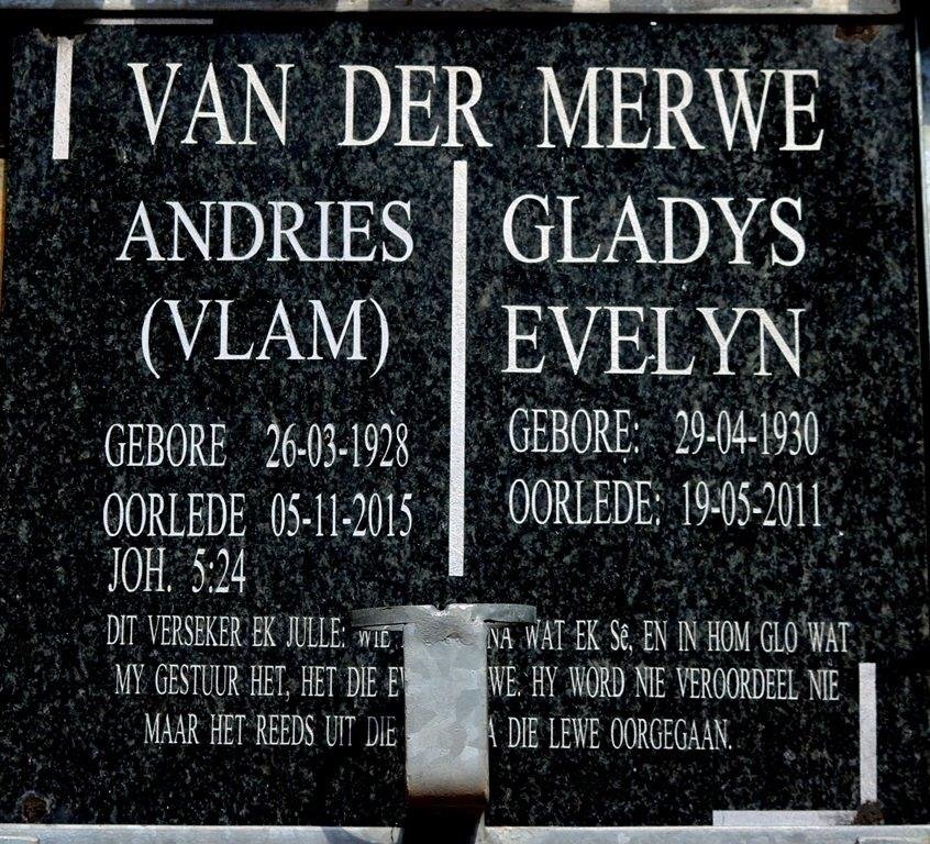 MERWE Andries, van der 1928-2015 &amp; Gladys Evelyn 1930-2011