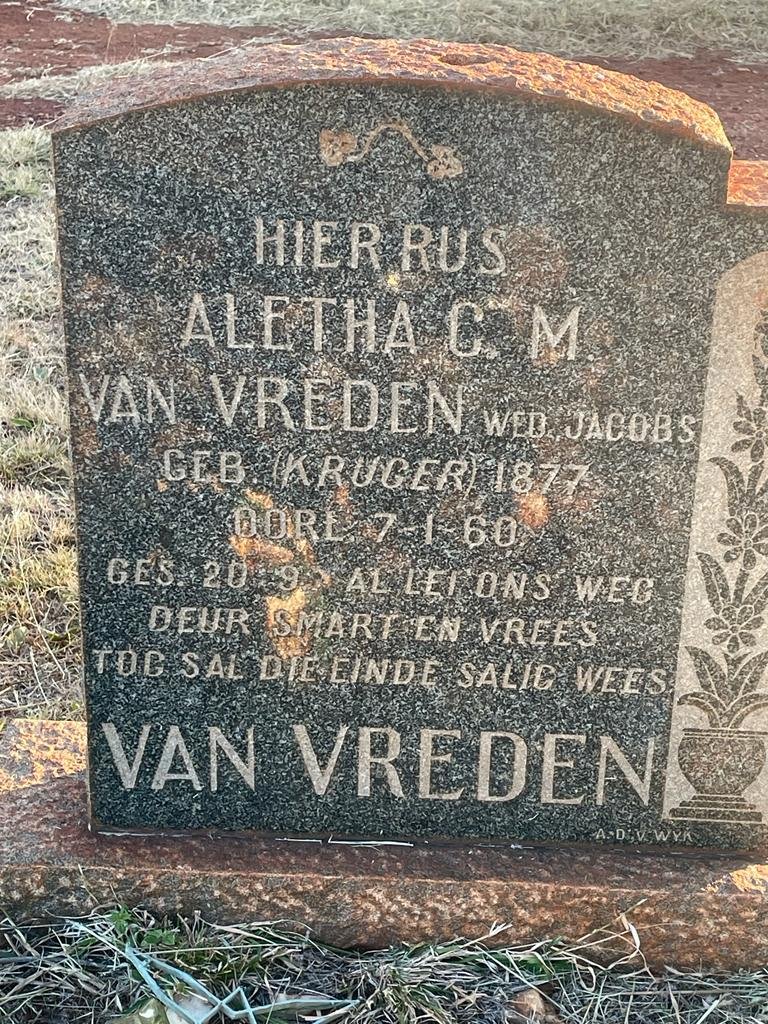 VREDEN Aletha C.M., van voorheen JACOBS nee KRUGER 1877-1960