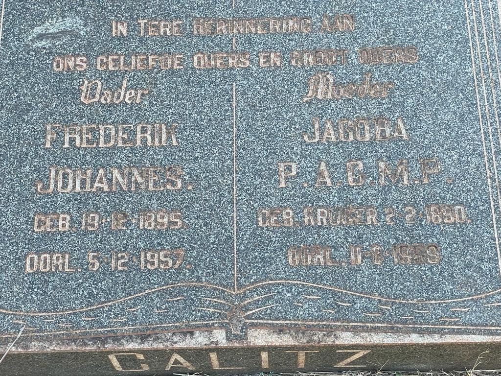 CALITZ Frederik Johannes 1895-1957 &amp; Jacoba P.A.C.M.P. KRUGER 1890-1959