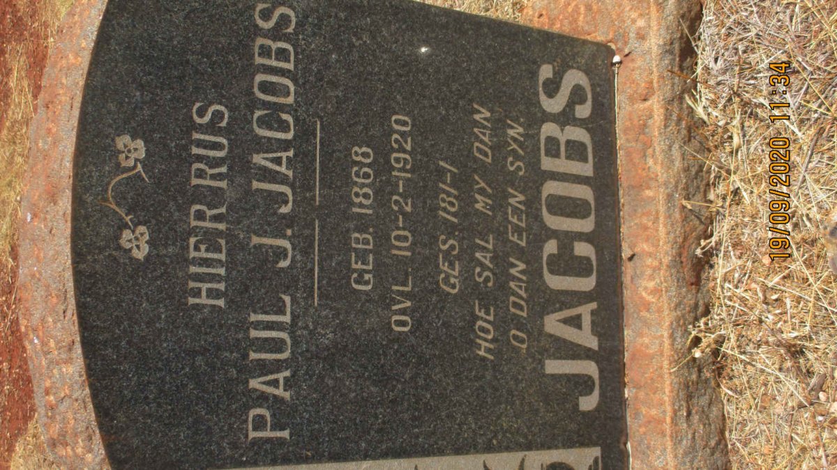 JACOBS Paul J. 1868-1920 &amp; Aletha C.M. VAN VREDEN voorheen JACOBS nee KRUGER 1877-1960