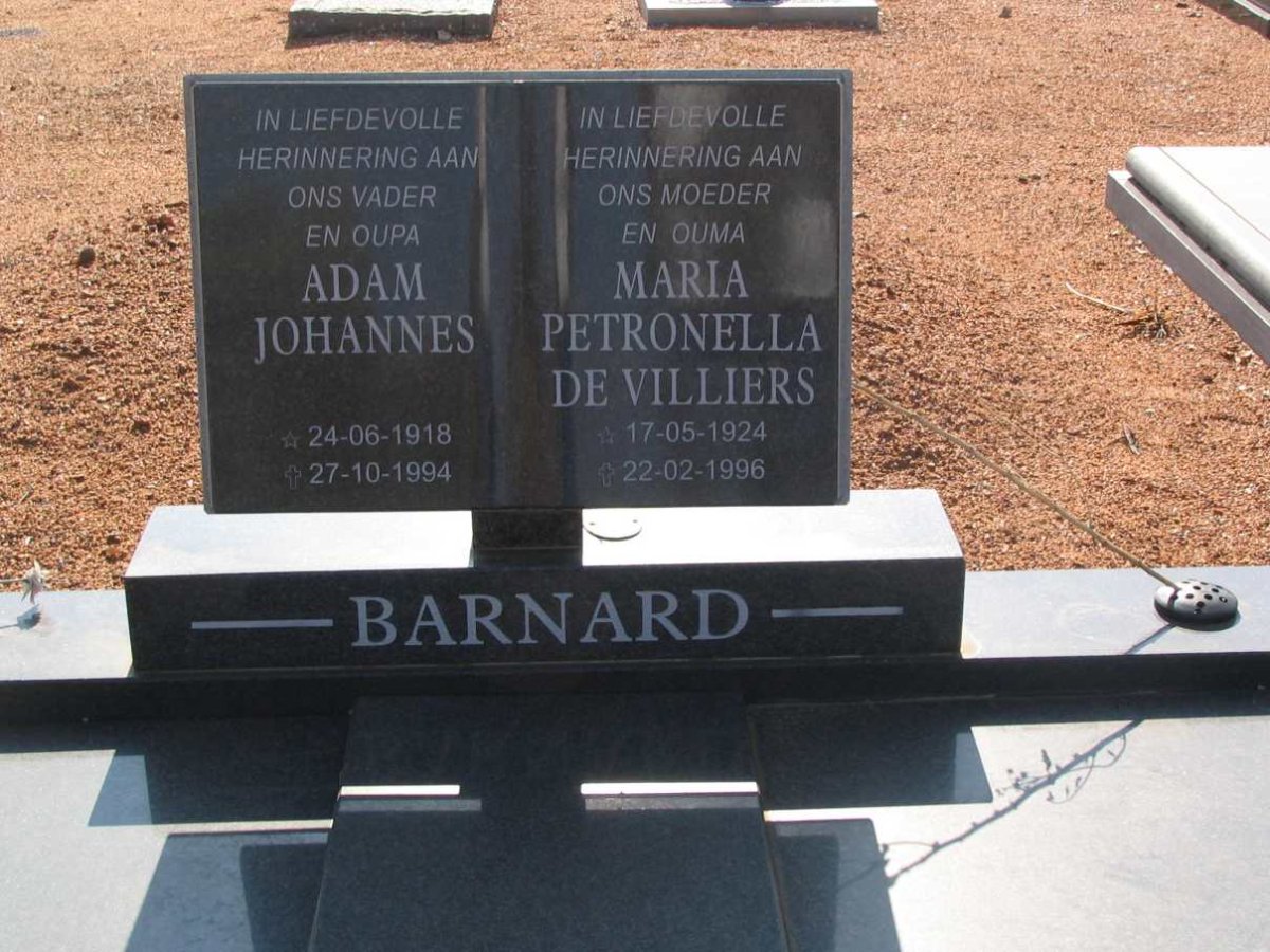 BARNARD Adam Johannes 1918-1994 &amp; Maria Petronella DE VILLIERS 1924-1996