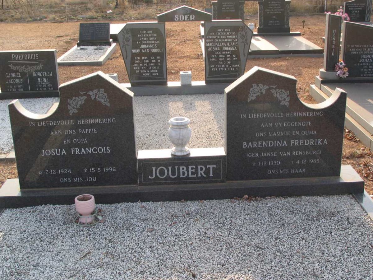JOUBERT Josua Francois 1924-1996 &amp; Barendina Fredrika JANSE VAN RENSBURG 1930-1985