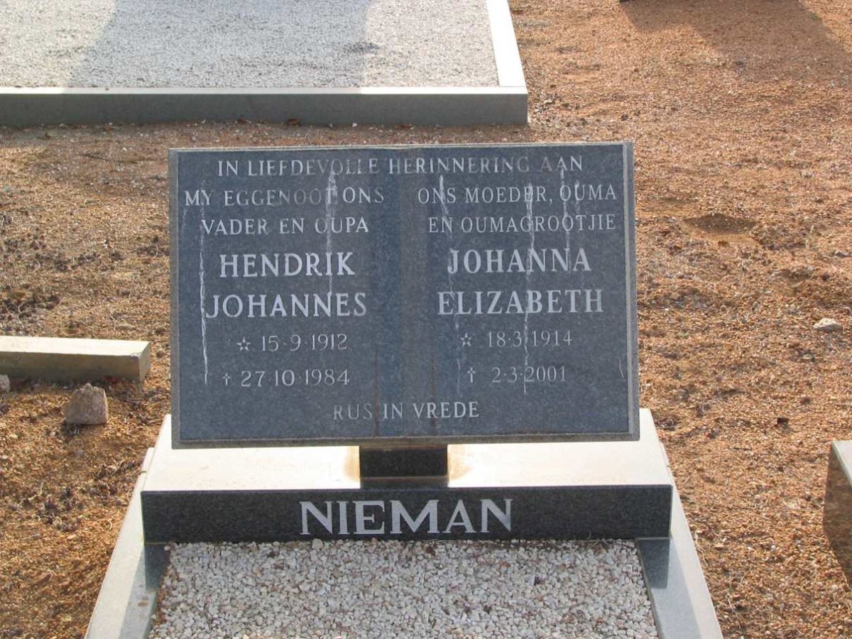 NIEMAN Hendrik Johannes 1912-1984 &amp; Johanna Elizabeth 1914-2001