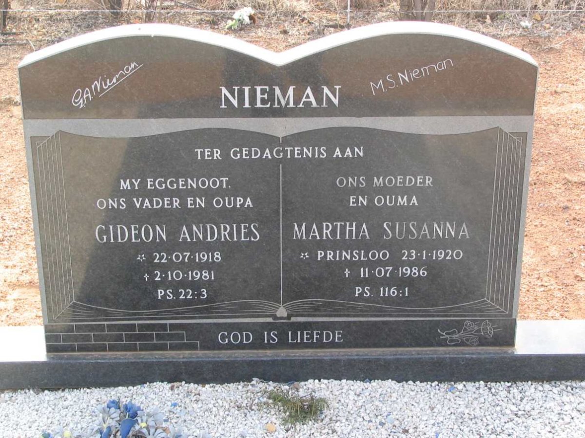NIEMAN Gideon Andries 1918-1981 &amp; Martha Susanna PRINSLOO 1920-1986