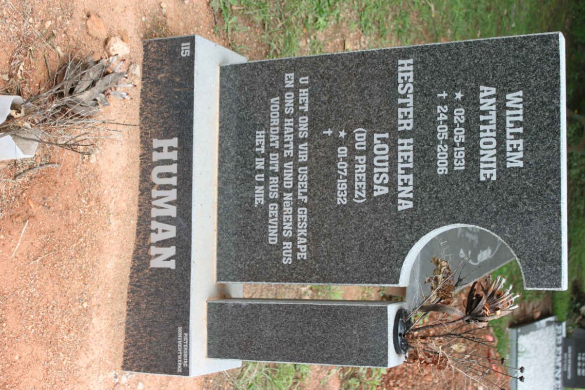 HUMAN Willem Anthonie 1931-2006 &amp; Hester Helena Louisa DU PREEZ 1932-