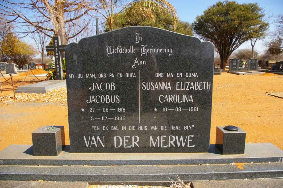 MERWE Jacob Jacobus, van der 1919-1995 &amp; Susanna Elizabeth Carolina 1921-