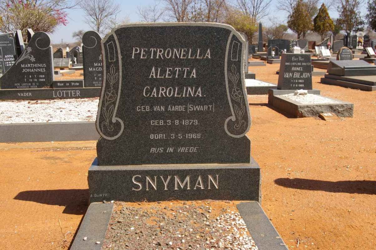 SNYMAN Petronella Aletta Carolina nee VAN AARDE voorheen SWART1879-1968