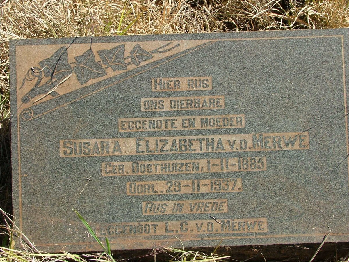 MERWE Susara Elizabeth, van der,  nee OOSTHUIZEN 1885- 1937