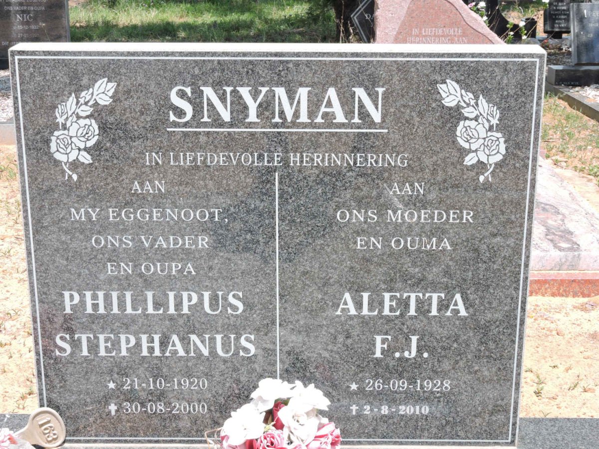 SNYMAN Phillipus Stephanus 1920-2000 &amp; Aletta F.J. 1928-2010