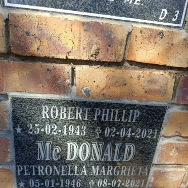 MCDONALD Robert Phillip 1943-2021 & Petronella Margrieta 1946-2021