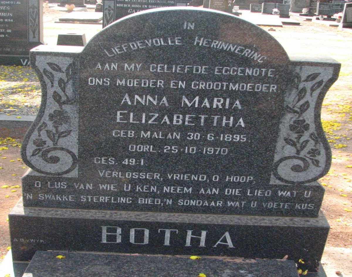 BOTHA Anna Maria Elizabettha nee MALAN 1895-1970