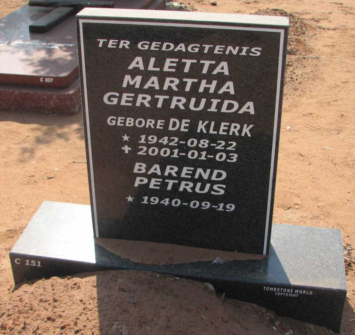 BOTHA Barend Petrus 1940- &amp; Aletta Martha Gertruida DE KLERK 1942-2001