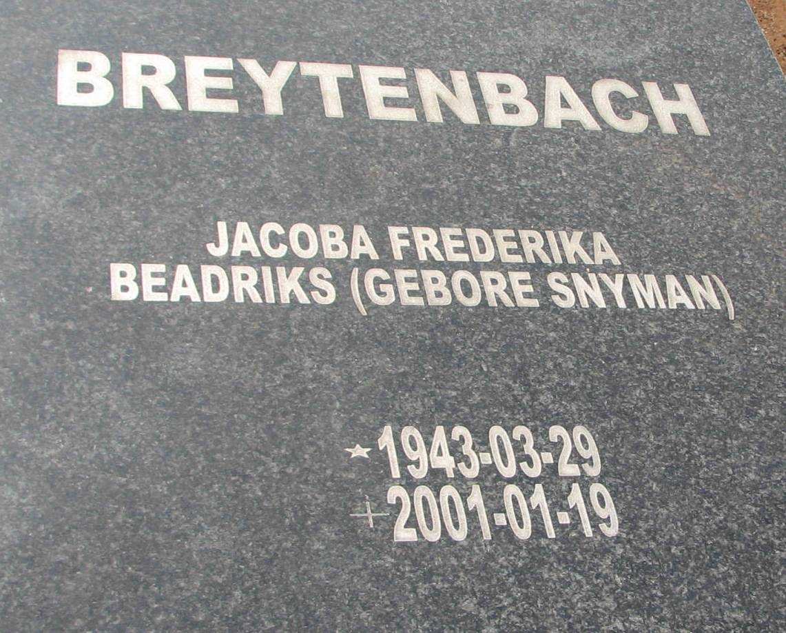 BREYTENBACH Jacoba Frederika Beadriks nee SNYMAN 1943-2001