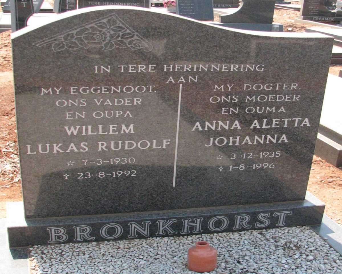 BRONKHORST Willem Lukas Rudolf 1930-1992 &amp; Anna Aletta Johanna 1935-1996