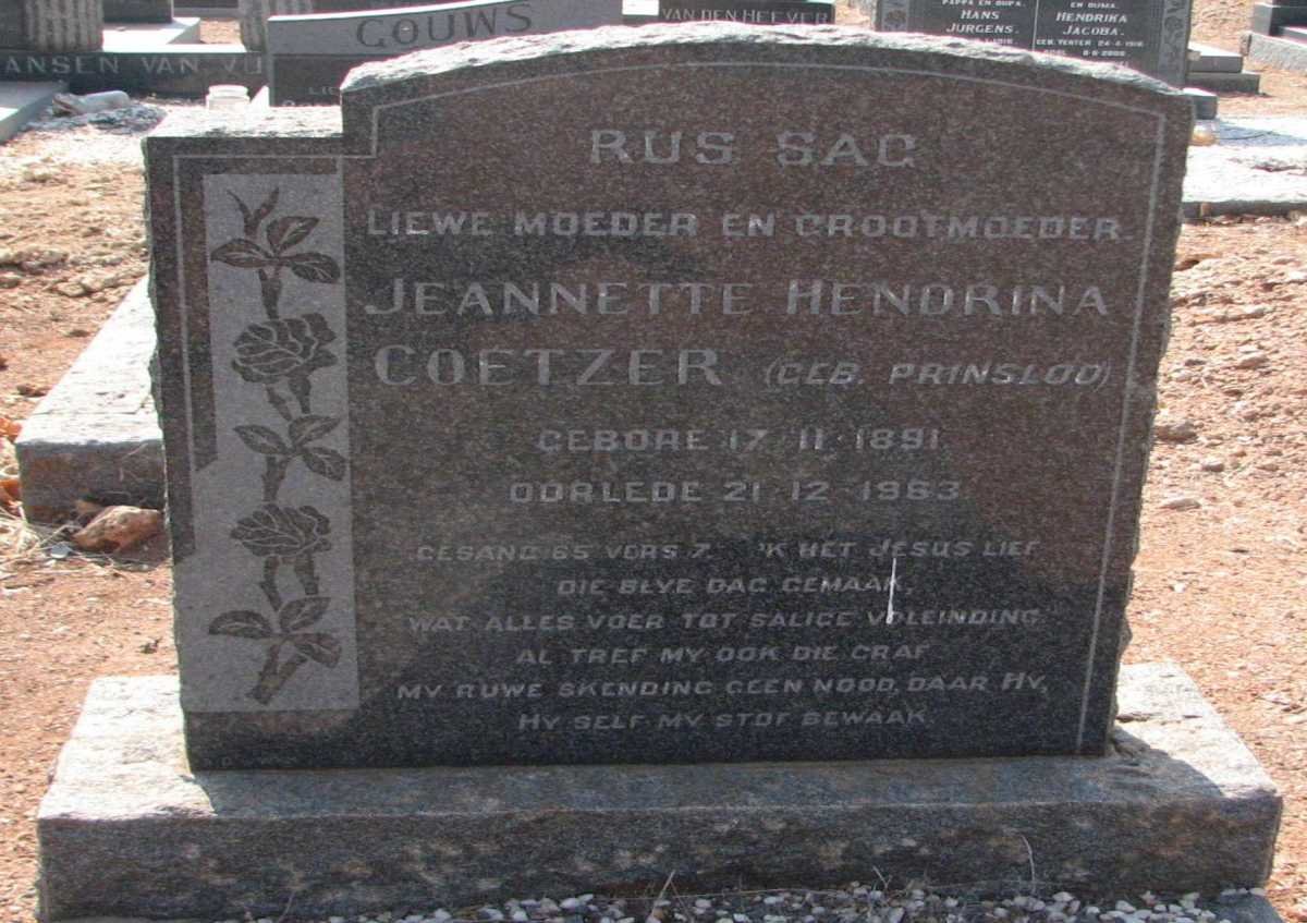 COETZER Jeanette Hendrina nee PRINSLOO 1891-1963