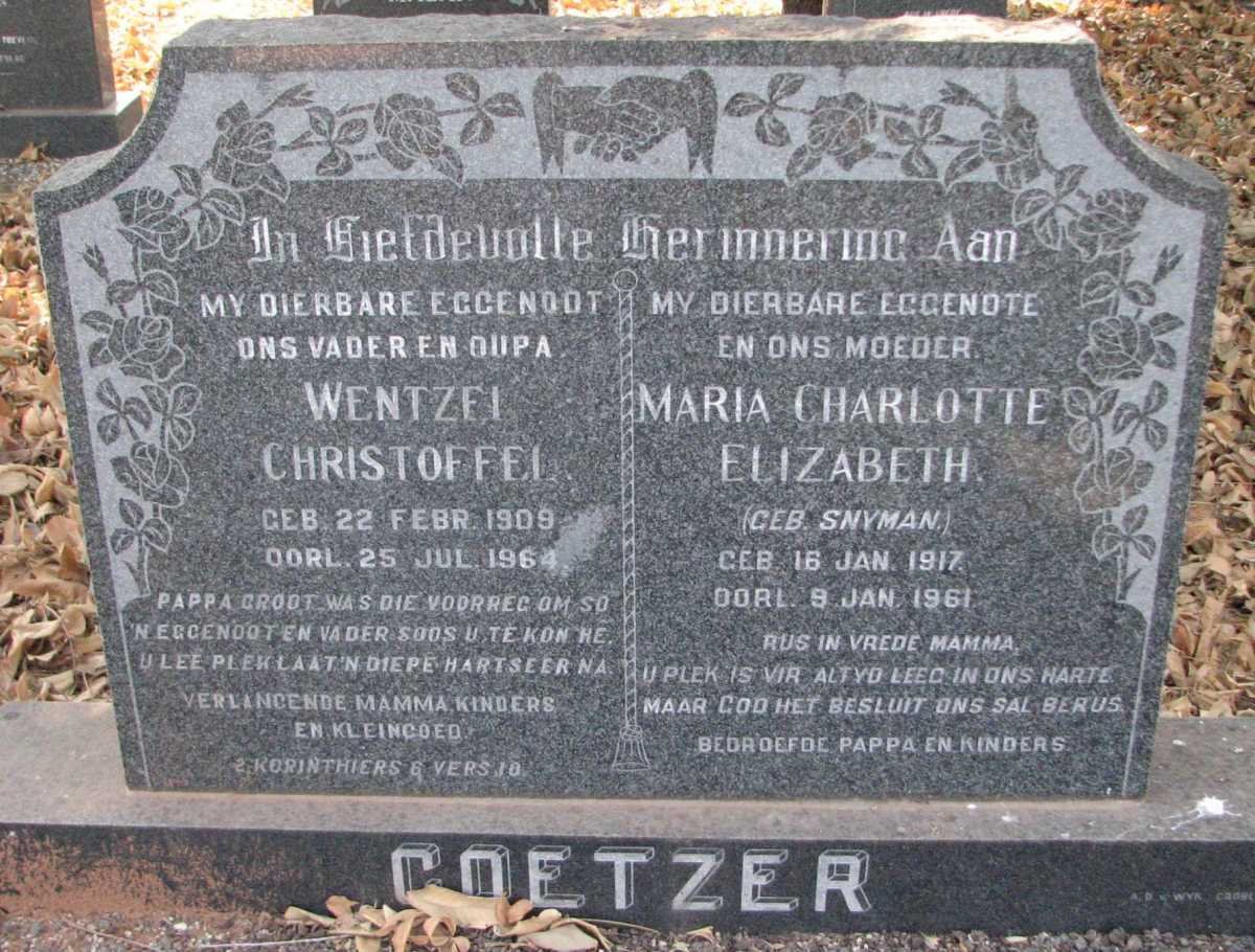 COETZER Wentzel Christoffel 1909-1964 &amp; Maria Charlotte Elizabeth SNYMAN 1917-1961