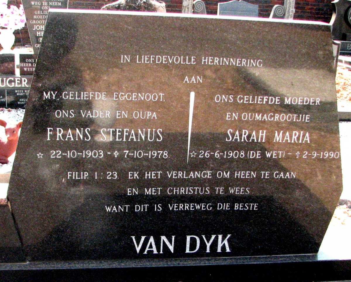 DYK Frans Stefanus, van 1903-1978 &amp; Sarah Maria DE WET 1908-1990