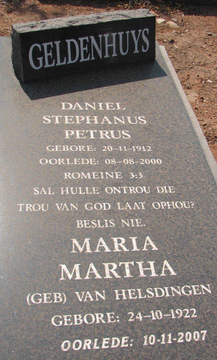 GELDENHUYS Daniel Stephanus Petrus 1912-2000 &amp; Maria Martha VAN HELSDINGEN 1922-2007
