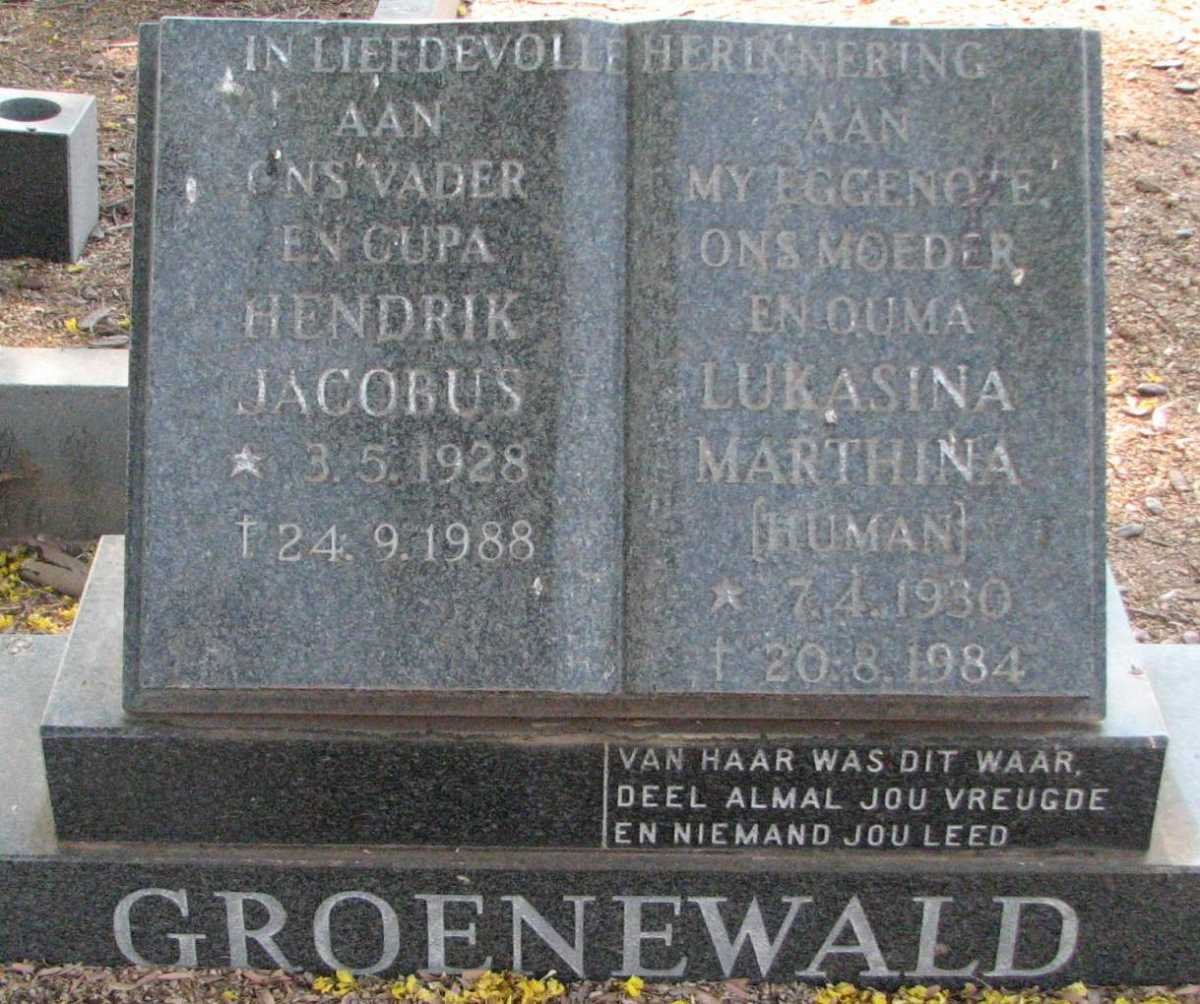 GROENEWALD Hendrik Jacobus 1928-1988 &amp; Lukasina Marthina HUMAN 1930-1984