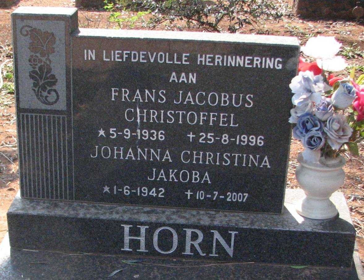 HORN Frans Jacobus Christoffel 1936-1996 &amp; Johanna Christina Jakoba 1942-2007