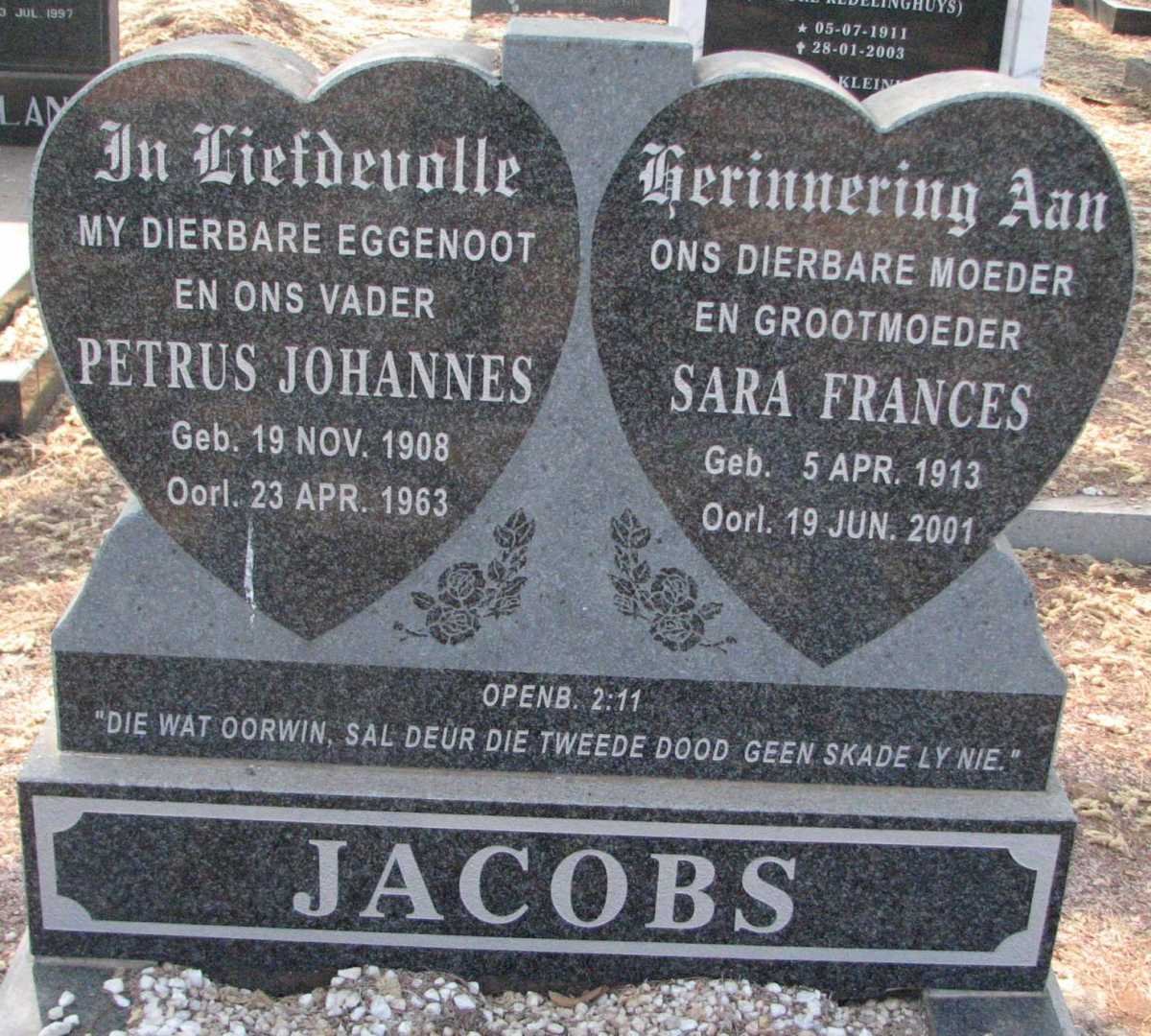 JACOBS Petrus Johannes 1908-1963 &amp; Sara Frances 1913-2001