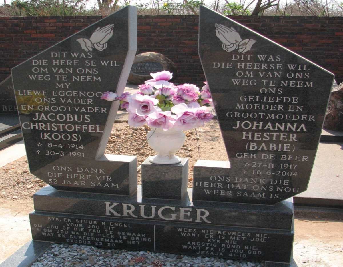 KRUGER Jacobus Christoffel 1914-1991 &amp; Johanna Hester DE BEER 1917-2004