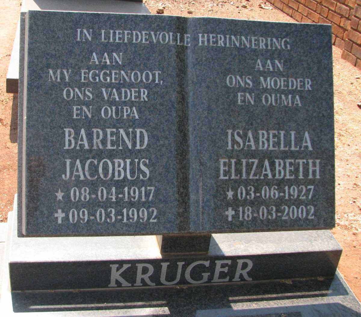 KRUGER Barend Jacobus 1917-1992 &amp; Isabella Elizabeth 1927-2002
