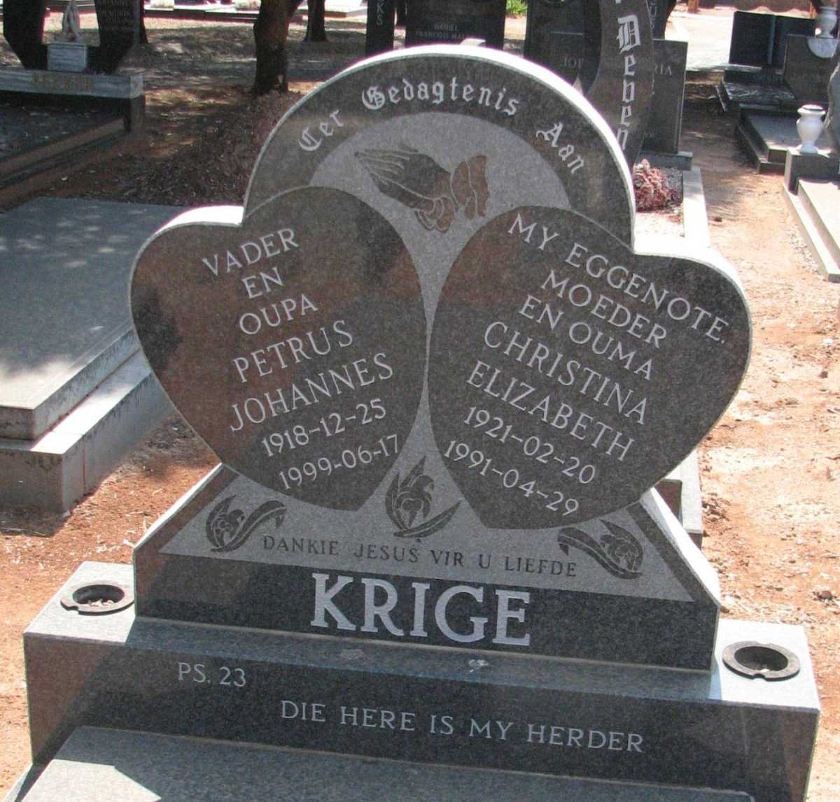 KRIGE Petrus Johannes 1918-1999 &amp; Christina Elizabeth 1921-1991