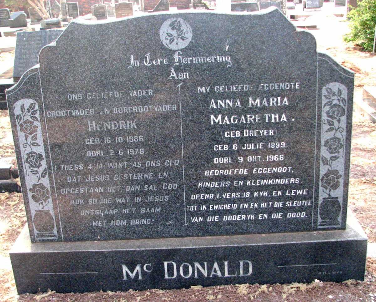 Mc DONALD Hendrik 1886-1978 &amp; Anna Maria Magaretha DREYER 1899-1966