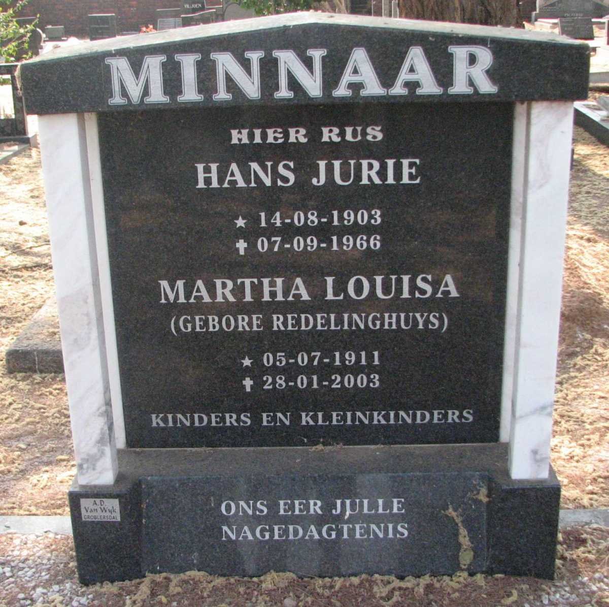 MINNAAR Hans Jurie 1903-1966 &amp; Martha Louisa REDELINGHUYS 1911-2003