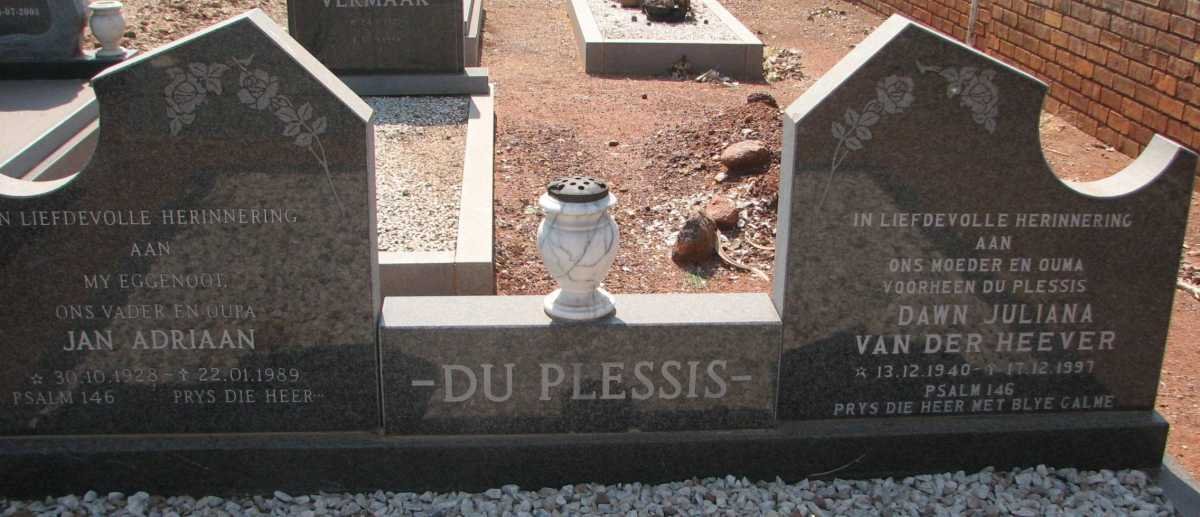 PLESSIS Jan Adriaan, du 1928-1989 &amp; Dawn Juliana VAN DER HEEVER 1940-1997