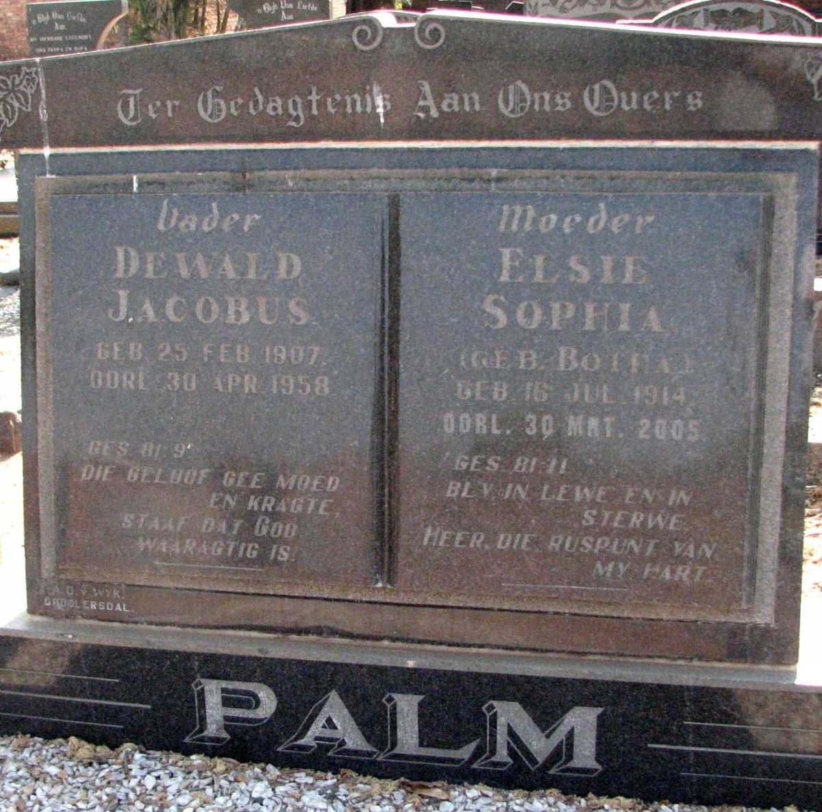 PALM Dewald Jacobus 1907-1958 &amp; Elsie Sophia BOTHA 1914-2005