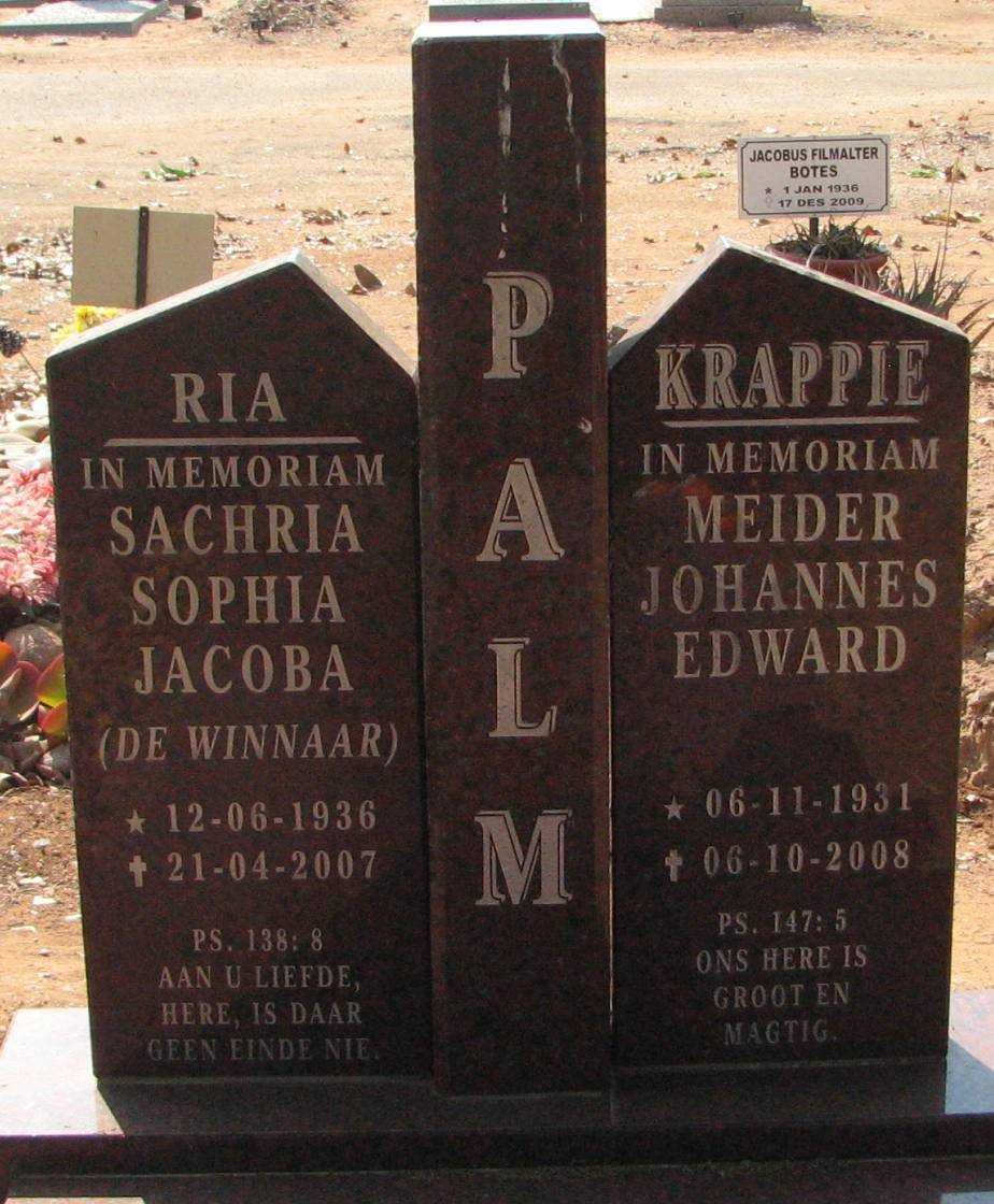 PALM Meider Johannes Edward 1931-2008 &amp; Sachria Sophia Jacoba DE WINNAAR 1936-2007